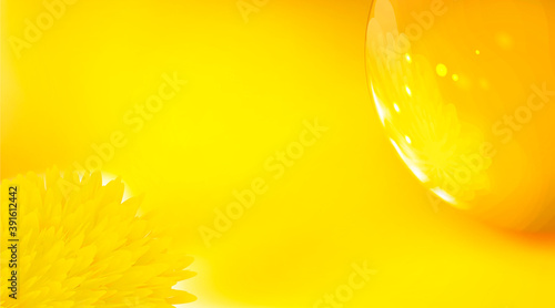 Yellow background, realistic abstract. Flower is reflected in glossy golden sphere 3d. Digital art blend technique, close up dandelion amber tones. Reflection macro art design