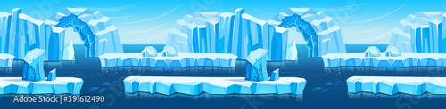 Arctic landscape with icebergs, igloo, polar bears, penguins and sea or ocean. Vector  cartoon illustration for games and mobile applications.