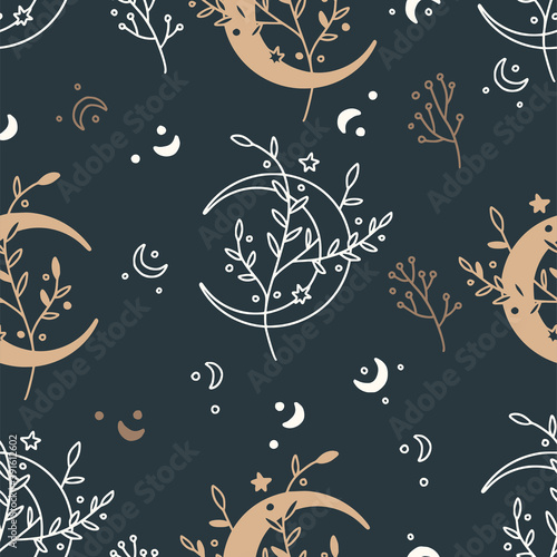 Celestial floral seamless mystic pattern. Boho mystical print design witk moon ans stars on a black background.