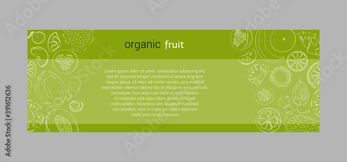 Vector horisontal banners of tropical fruits with template. Design for juices, ice cream, natural cosmetics, sweets and pastries with fruit filling, dessert menu, health products. With place for text.