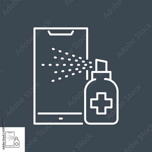 Smartphone disinfection related vector thin line icon. Alcohol Disinfector sprays aerosol onto a smartphone screen. Isolated on black background. Editable stroke. Vector illustration.