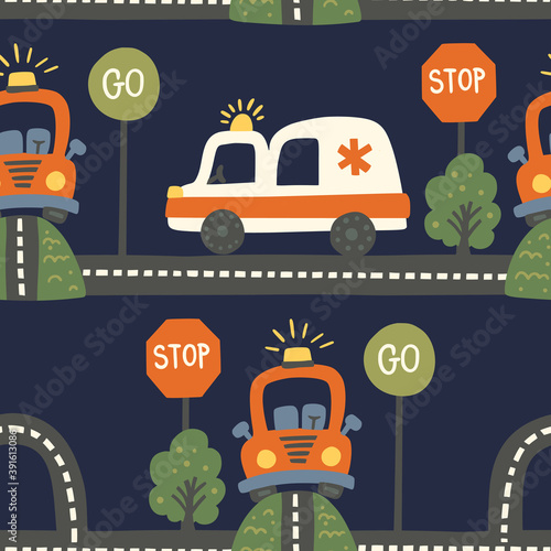 City emergency car on a road seamless vector pattern. Travel baby boy cartoon graphic on a dark blue background.