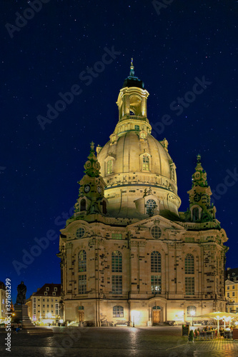 Frauenkirche at the Neumarkt Square at Night in Dresden, Saxony, Germany, Europe