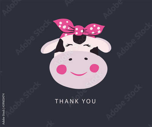Cute vector cow face. Animal head with bandans, greeting card. 2021 New Year sign. Funny kid cartoon art.