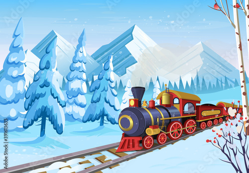 Winter forest with fir trees mountains and old christmas train. Vector cartoon illustration. Horizontal background. Christmas card.