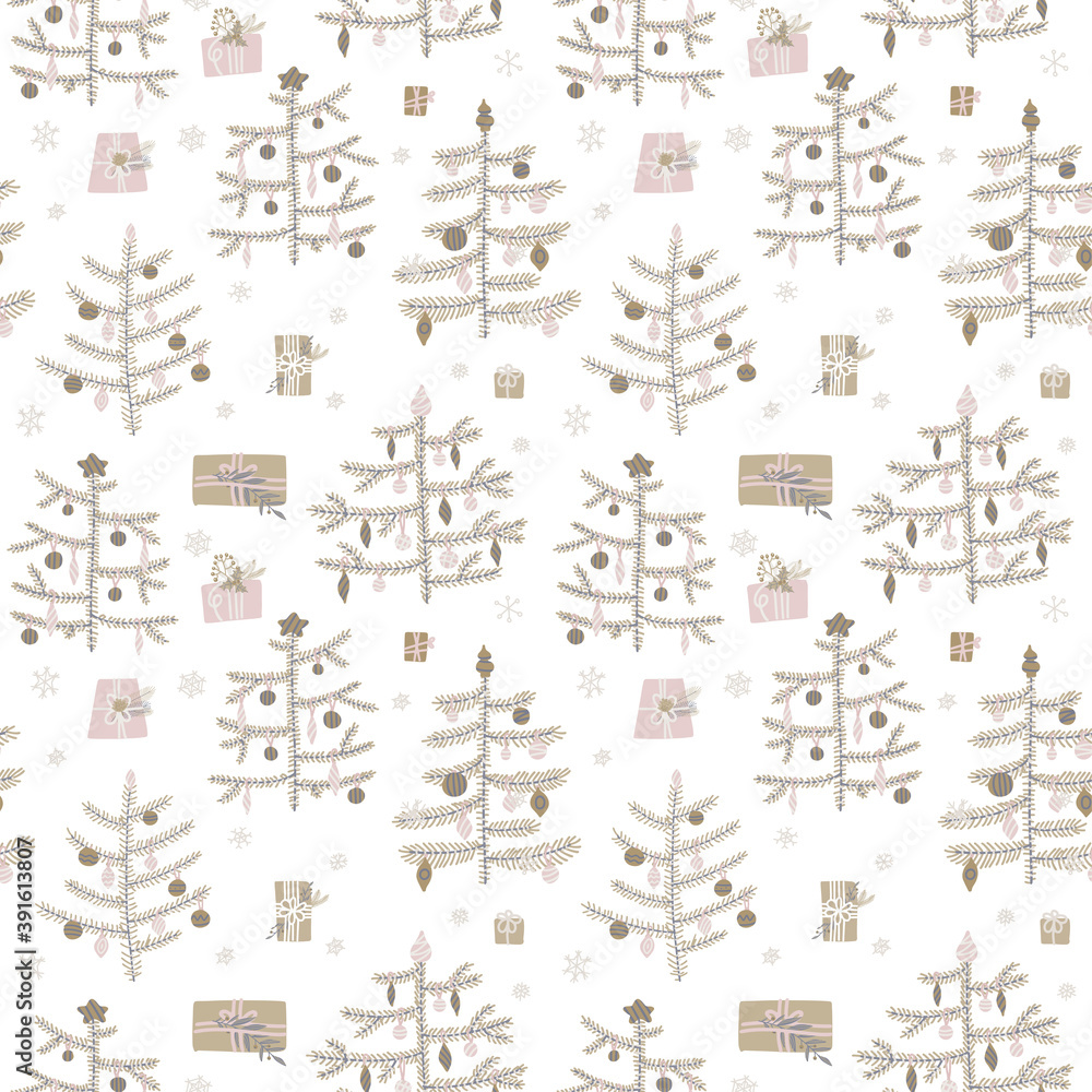 Vector seamless pattern in scandinavian style. Beautiful doodle ornament decorated Christmas fir trees with gift boxes. Endless Xmas background in hygge style.