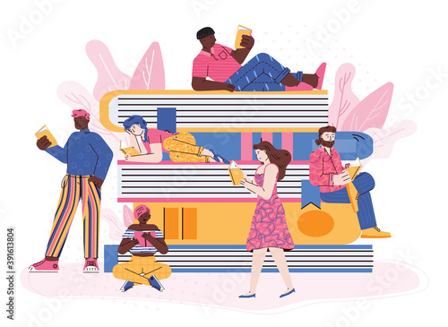 Reading books and love of literature concept with tiny people characters, flat vector illustration isolated on white background. Banner for book festival or store.