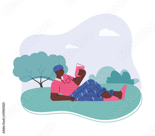 Young man enthusiastically reads an interesting book lying on grass in park or nature in summer season. Leisure or hobby of bookworm, fan, lover of literature. Vector illustration.