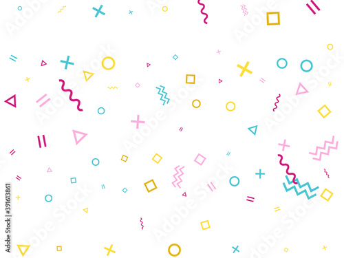 Memphis style geometric confetti background with triangle, circle, square, zigzag and wavy line