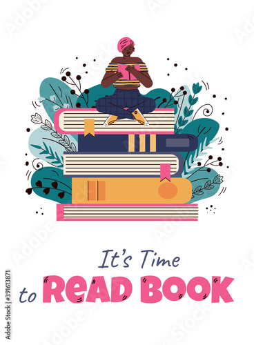 Card or poster with tiny reading woman on stack of books, flat cartoon vector illustration isolated on white background. Image for book shop or literature festival.