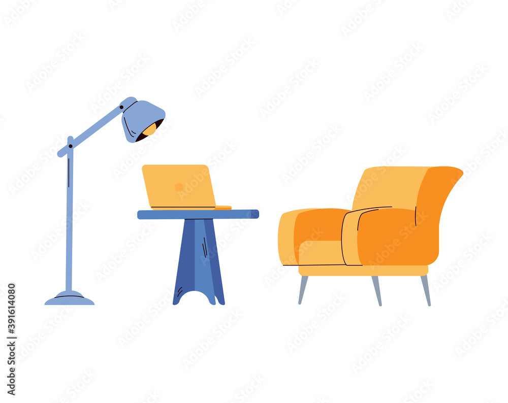 Fototapeta premium Office or home workplace furniture the chair and desk with laptop, flat vector illustration isolated on white background. Furnishing of work space or coworking room.