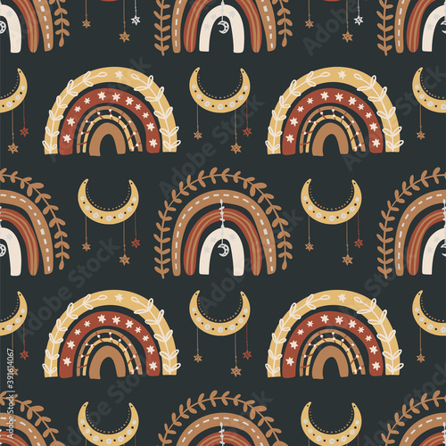 Kids bohemian rainbow, star and moon seamless pattern. Hand drawn celestial ethnic boho background for fabric print and cute nursery design.