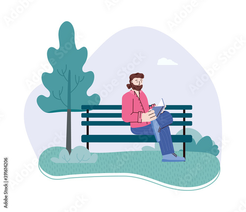 Man is sitting on park bench and reading an interesting book. Reader fan of literature or student with textbook. Hobby, leisure or outdoor recreation. Vector illustration