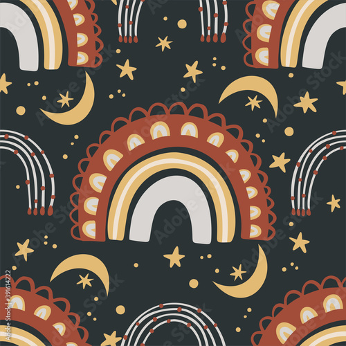 Kids bohemian rainbow, star and moon seamless pattern. Hand drawn celestial ethnic boho background for fabric print and cute nursery design.