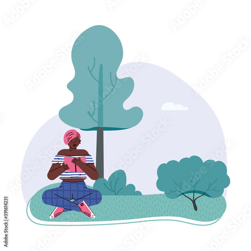 Girl reads interesting book outdoor. Young woman bookworm or fan and lover of literature sitting on grass in park or nature. Leisure or hobby. Flat vector illustration