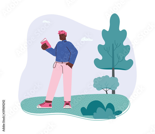 Guy enthusiastically reads an interesting book hold in hand. Fan, lover of literature or student with textbook outdoor. Leisure, hobby or study. Vector flat illustration.