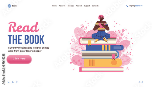 Website interface template with woman reading on huge stack of books, flat cartoon vector illustration. Bookstore or online library landing web page mockup.