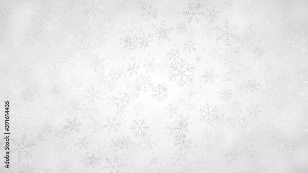 Christmas background of snowflakes of different shapes, sizes and transparency in gray and white colors