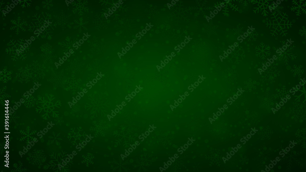 Obraz premium Christmas background of snowflakes of different shapes, sizes and transparency in dark green colors