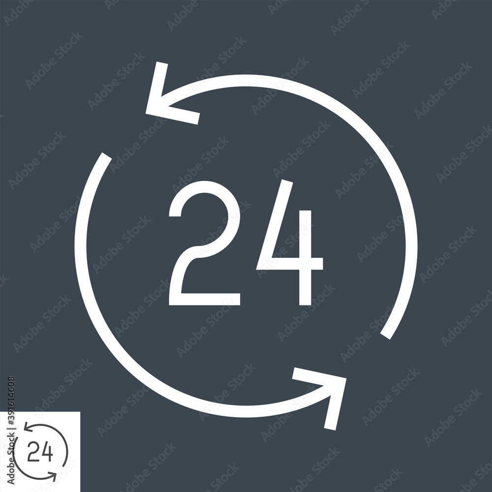 Open 24 Hours a Day Thin Line Vector Icon. Flat icon isolated on the black background. Editable EPS file. Vector illustration. Open 24 Hours a Day Thin Line Vector Icon. Flat icon isolated on the black background. Editable EPS file. Vector illustration.