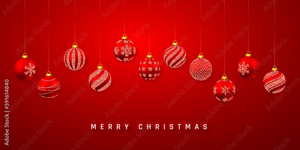 Christmas ball. Xmas ball on red background. Holiday decoration template. Vector illustration