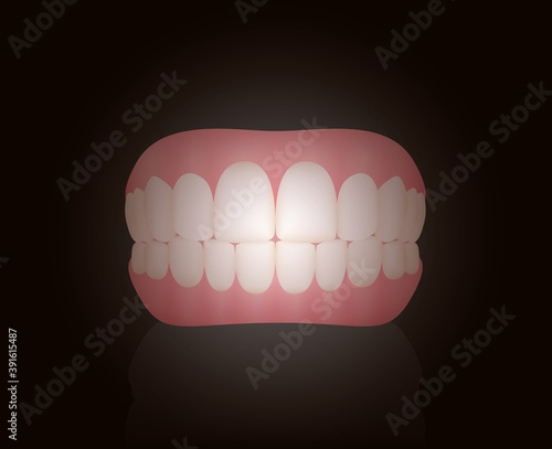 False teeth, dentures. Isolated vector illustration on black background.
