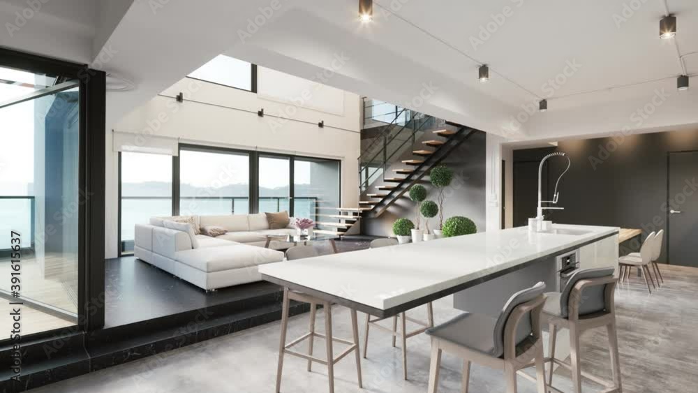 Modern luxury living room with kitchen and stairs. Stylish two floor room. 3d visualization