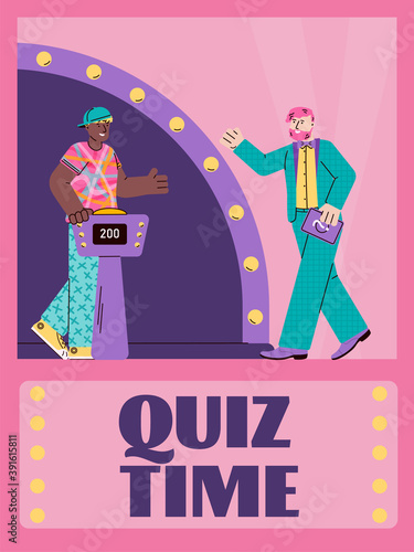 Quiz time advertising banner or poster template with cartoon character of Quiz show anchorman and player, flat vector illustration on bright background.