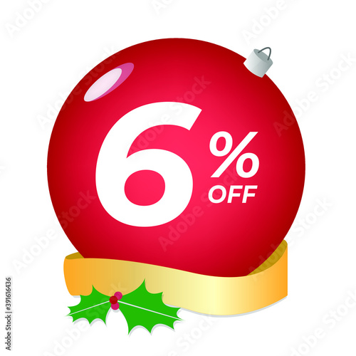 6% off. Six percent discount. Christmas sale banner. Red bubble with ornaments on a white background vector.