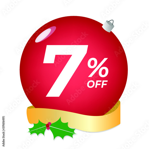 7% off. Seven percent discount. Christmas sale banner. Red bubble with ornaments on a white background vector.