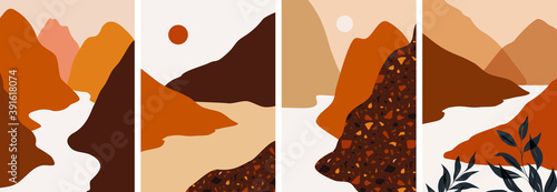 Collection of contemporary abstract art posters. Paper cut abstract & floral collages, landscape scenes. Design for social media, wallpapers, postcards, prints, romance.