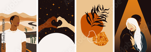 Collection of contemporary abstract art posters. Paper cut male & female, abstract & floral collages, landscape scenes. Design for social media, wallpapers, postcards, prints, romance.