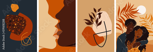 Collection of contemporary abstract art posters. Paper cut male & female, abstract & floral collages, landscape scenes. Design for social media, wallpapers, postcards, prints, romance.