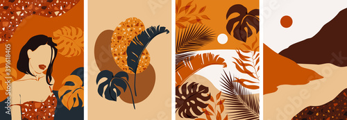 Collection of contemporary abstract art posters. Paper cut male & female, abstract & floral collages, landscape scenes. Design for social media, wallpapers, postcards, prints, romance.