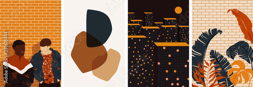 Collection of contemporary abstract art posters. Paper cut male & female, abstract & floral collages, landscape scenes. Design for social media, wallpapers, postcards, prints, romance.