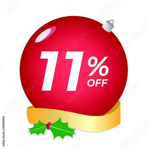 11% off. Eleven percent discount. Christmas sale banner. Red bubble with ornaments on a white background vector.