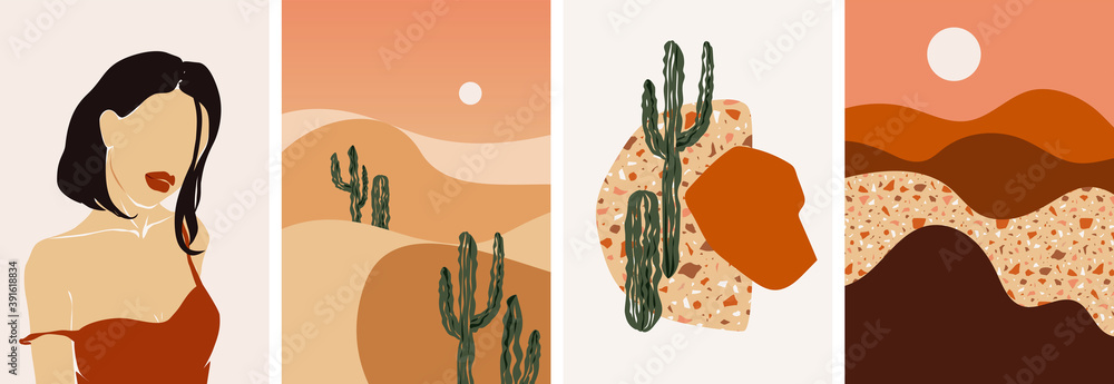 Collection of contemporary abstract art posters. Paper cut male & female, abstract & floral collages, landscape scenes. Design for social media, wallpapers, postcards, prints, romance.