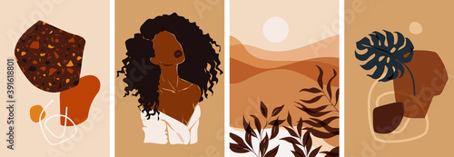 Collection of contemporary abstract art posters. Paper cut male & female, abstract & floral collages, landscape scenes. Design for social media, wallpapers, postcards, prints, romance.