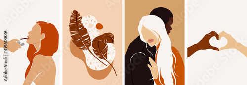 Collection of contemporary abstract art posters. Paper cut male & female, abstract & floral collages, landscape scenes. Design for social media, wallpapers, postcards, prints, romance.