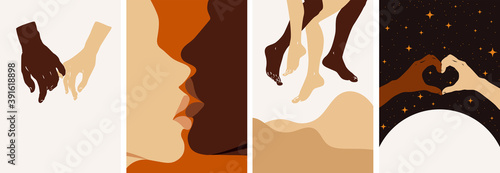 Collection of contemporary abstract art posters. Paper cut male & female, abstract & floral collages, landscape scenes. Design for social media, wallpapers, postcards, prints, romance.