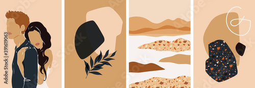 Collection of contemporary abstract art posters. Paper cut male & female, abstract & floral collages, landscape scenes. Design for social media, wallpapers, postcards, prints, romance.