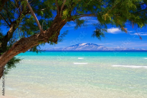 Beach on the island of Lefkada with a view of Kefalonia and the Ionian Sea of Greece.