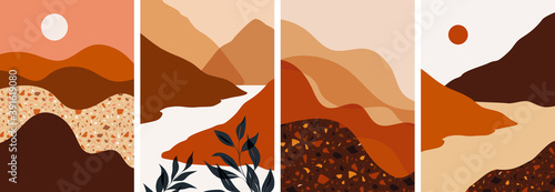 Collection of contemporary abstract art posters. Paper cut abstract & floral collages, landscape scenes. Design for social media, wallpapers, postcards, prints, romance.