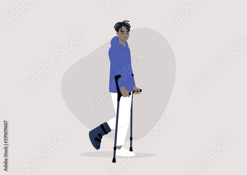 A young male Black character with a fractured leg using crutches to walk, health care