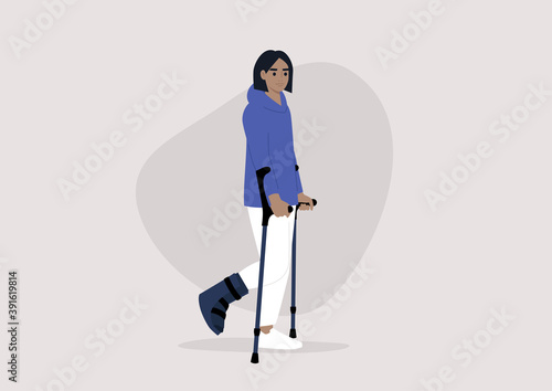 A young female character with a fractured leg using crutches to walk, health care