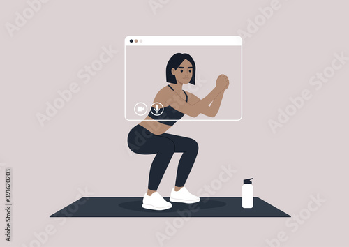 A young female character doing squats, an online workout scene, sport outfit