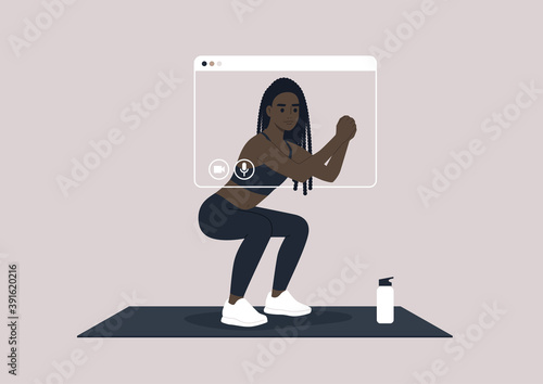 A young female Black character doing squats, an online workout scene, sport outfit