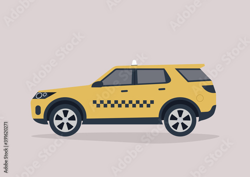 A classic taxi service, a side view of a yellow checkered cab, an SUV sports car