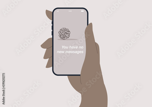 No new messages concept, a hand holding a smartphone, a social media addiction