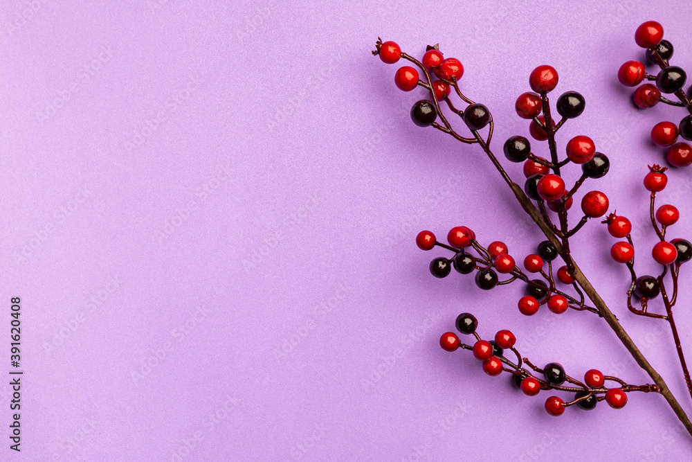 Christmas holidays composition with christmas decorations, red berries branches on purple background with copy space, top view Christmas holidays composition with christmas decorations, red berries branches on purple background with copy space, top view